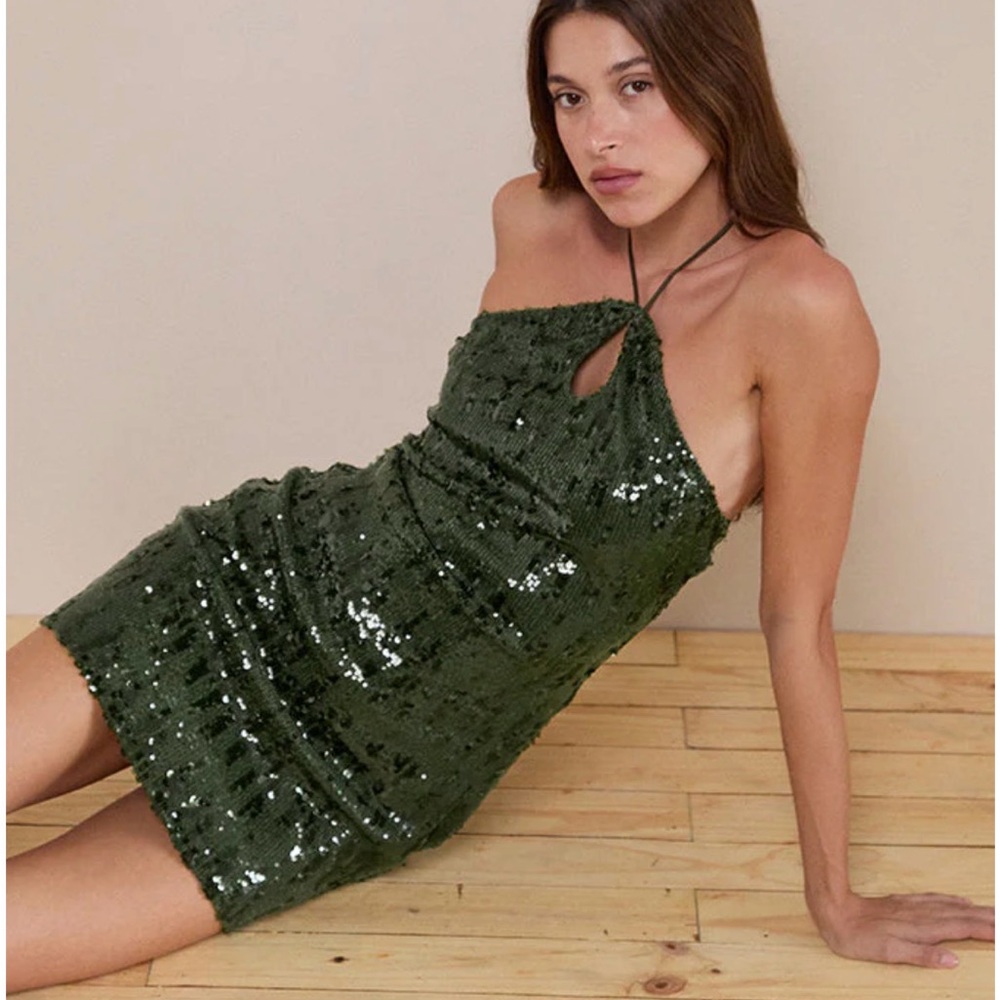 Motel Rocks Zumaya Halter Mini Dress – Khaki Mixed Sequin – XS